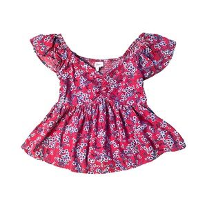 Japna Red Floral Boho Ruffle Top (Size S)